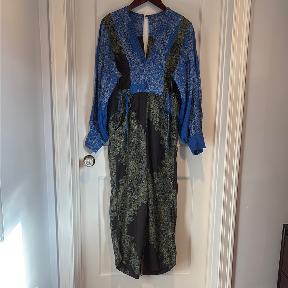 Free People Blooming Fields boho long sleeve jumpsuit in blue, green, & gray
